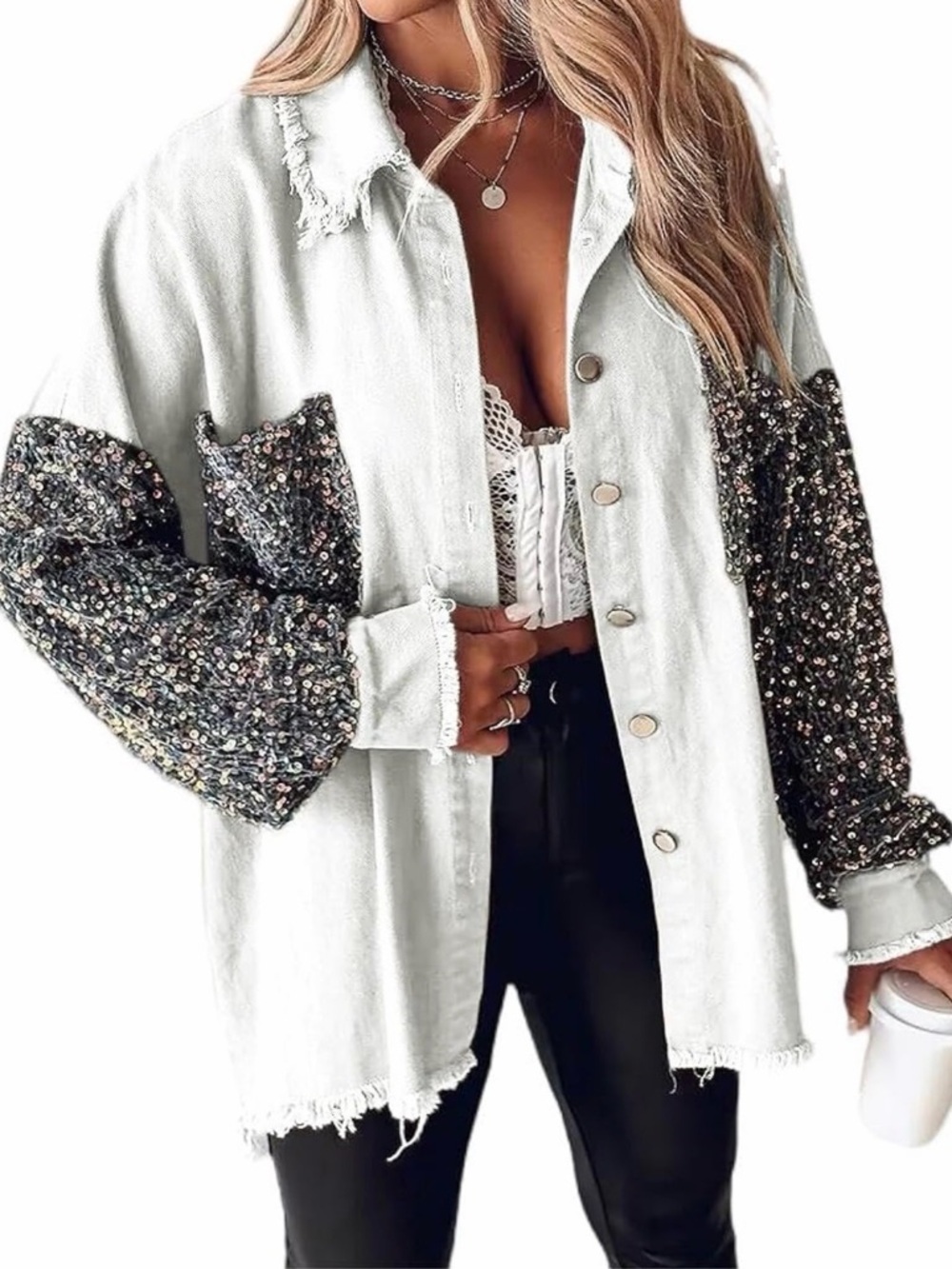 White Denim Button-Up Jacket with Sequin Black Sleeve Accents - Women's Shirt